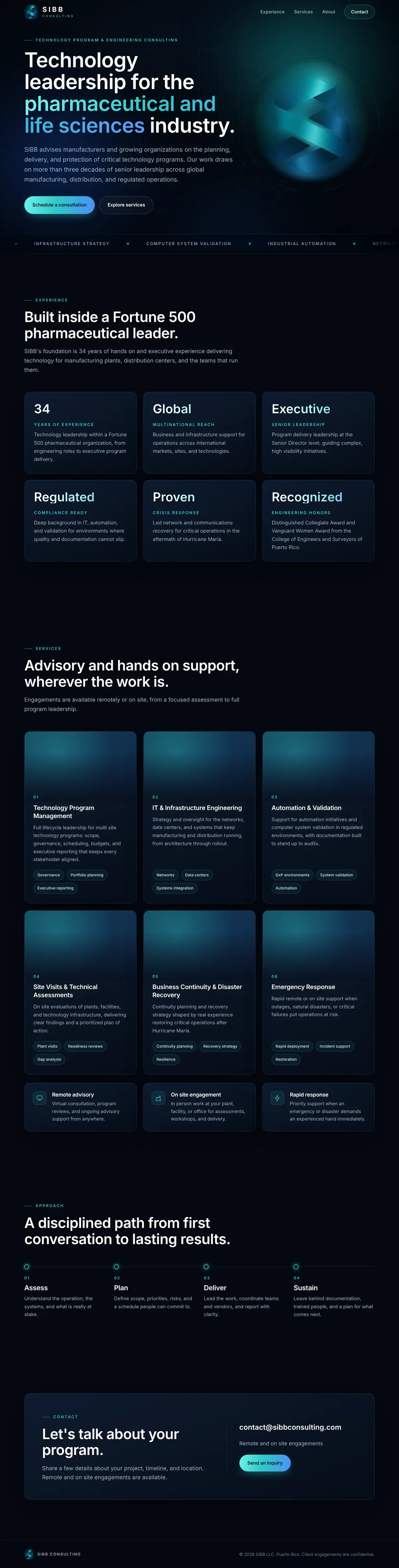 Screenshot of the SIBB Consulting website: hero, experience, services, approach and contact sections