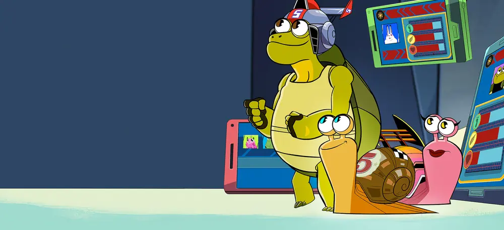 Turbo and a turtle in a racing helmet in front of screens