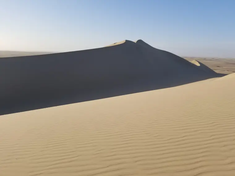 Sand dunes under a pale sky
